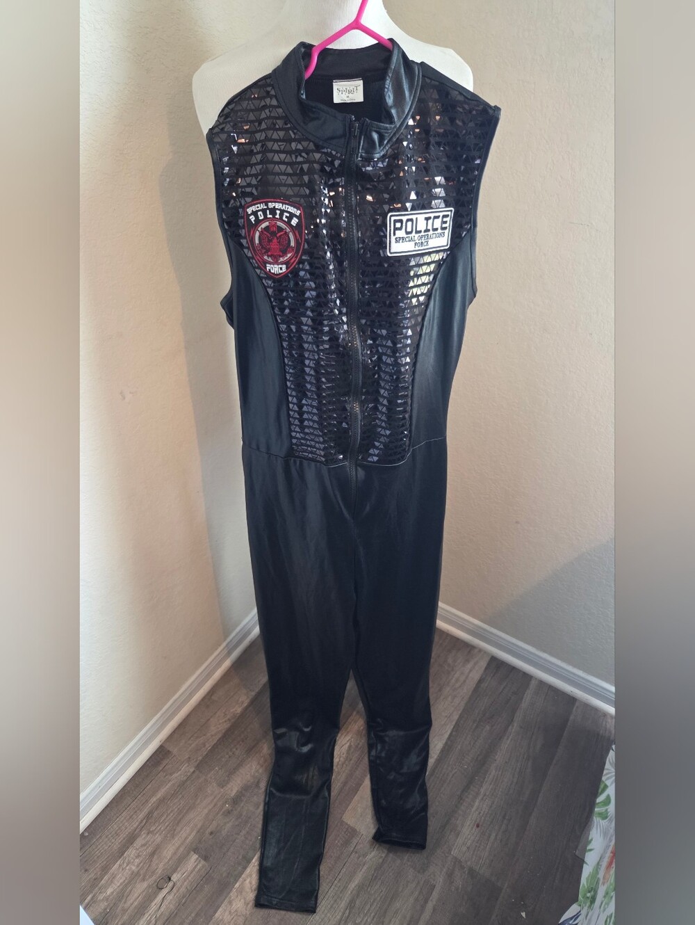Spirit Black Sleeveless Sequin-Front Police Patch Jumpsuit